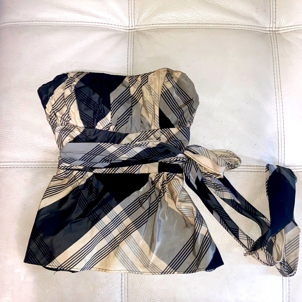 Nanette Lepore Plaid bustier top with ribbon tie.